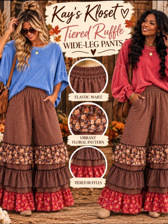 Easel Los Angeles Pants - EF77–🤎 (SHIPPED)Boho Wide-Leg Ruffle Tiered Pants in Brown